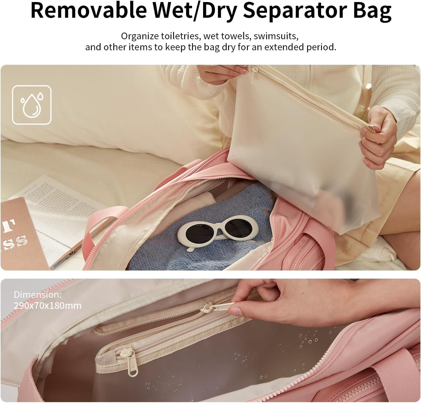 Aji Travel Duffel Bag, Expandable Pink Duffle Bag for Travel with Wet Pocket, Carry on Weekender Bags for Men Women, Large Capacity & Water Resistant Gym Duffel Bag Sport Bag (Plus)