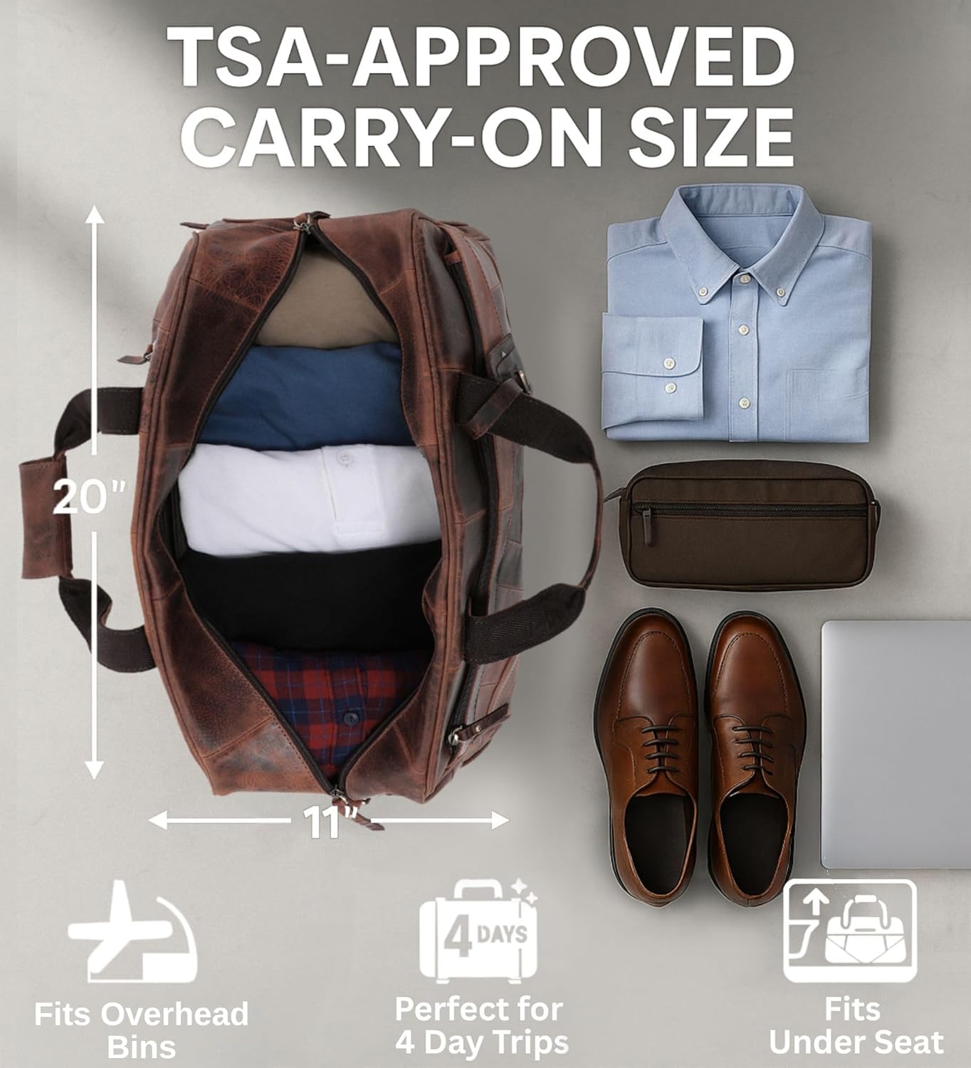 Leather Duffle Bag for Men - Travel Overnight Weekender Bag with 2 Shoe Compartment - Airplane Underseat Carry On Duffel Bag