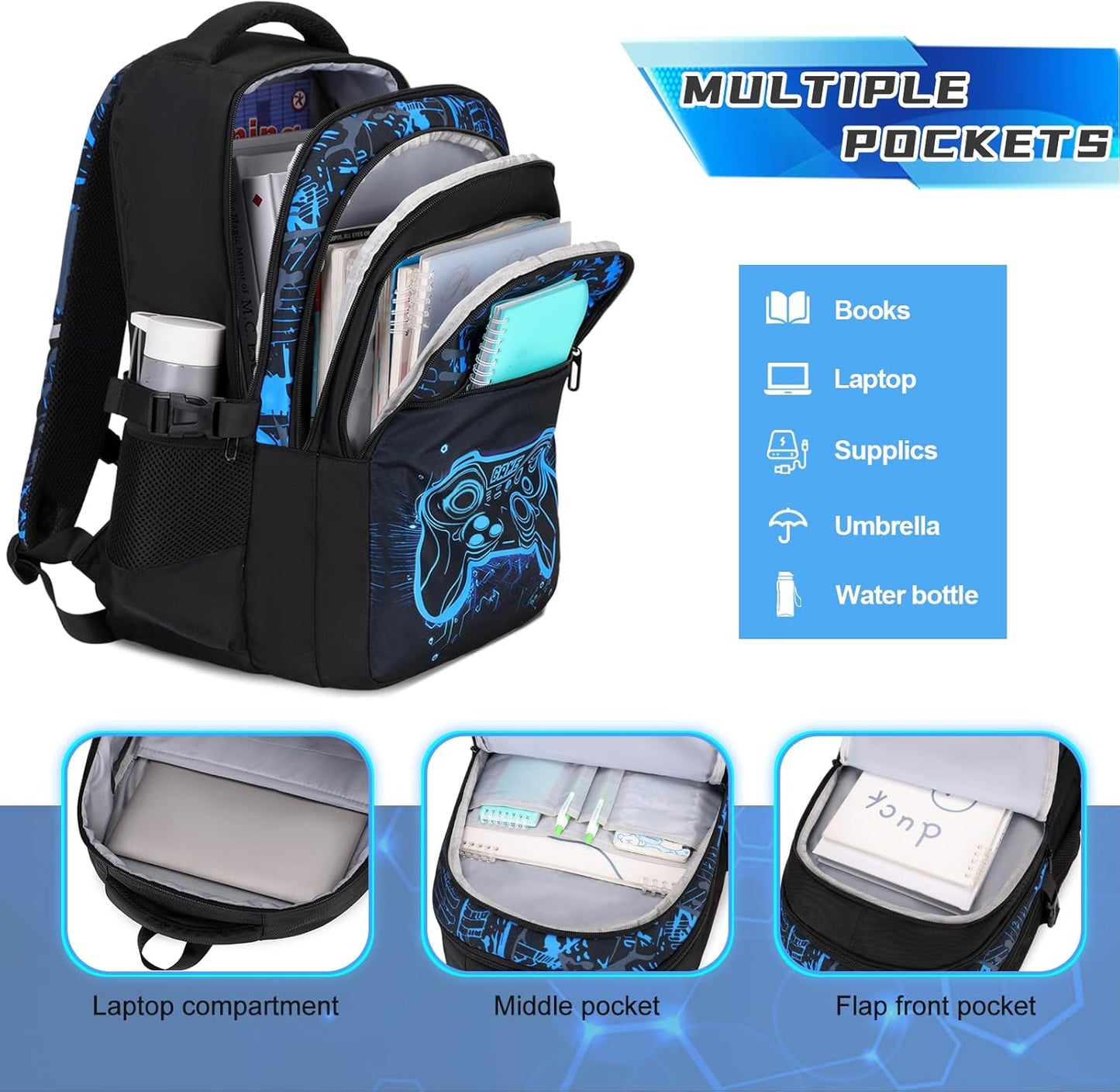 Boys Backpack for School, 3PCS Cool Luminous Gamer Backpack for Boys with Lunch Box Pencil Case, Kids Backpacks Bookbag for Teen Boy Elementary Middle High School with USB Charging Port