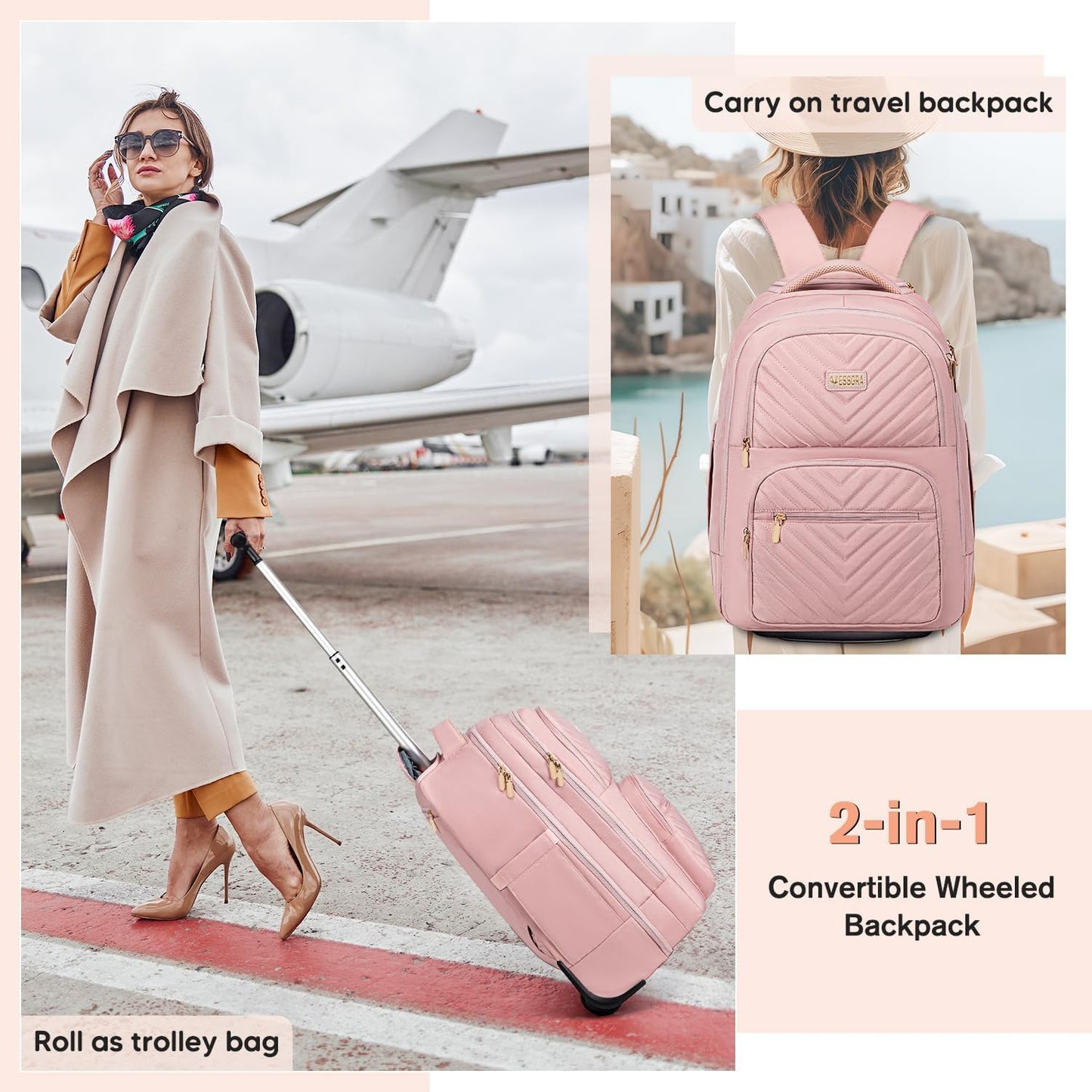 Rolling Backpack for Women Adults with wheels, 17.3 Inch Laptop Backpack Bag with Wheels for Travel Work Business (1Pc Backpack with 3 Packing Cubes)