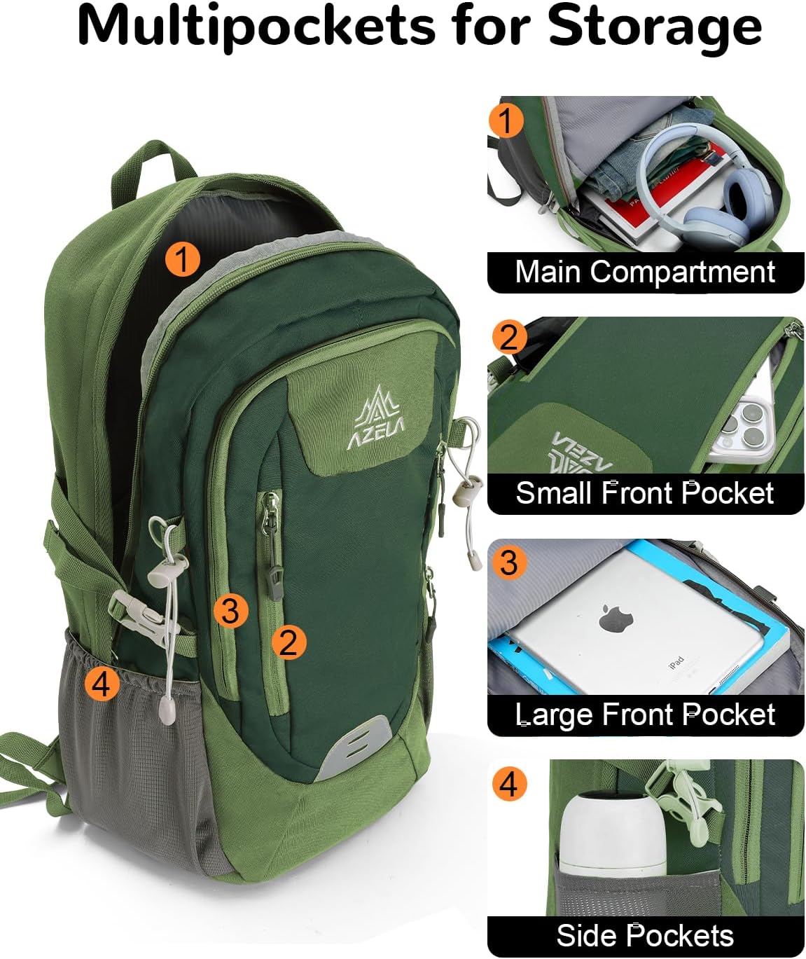20L Small Reflective Hiking Backpack with Padded Straps for Men Women, Lightweight Travel Daypack, Green