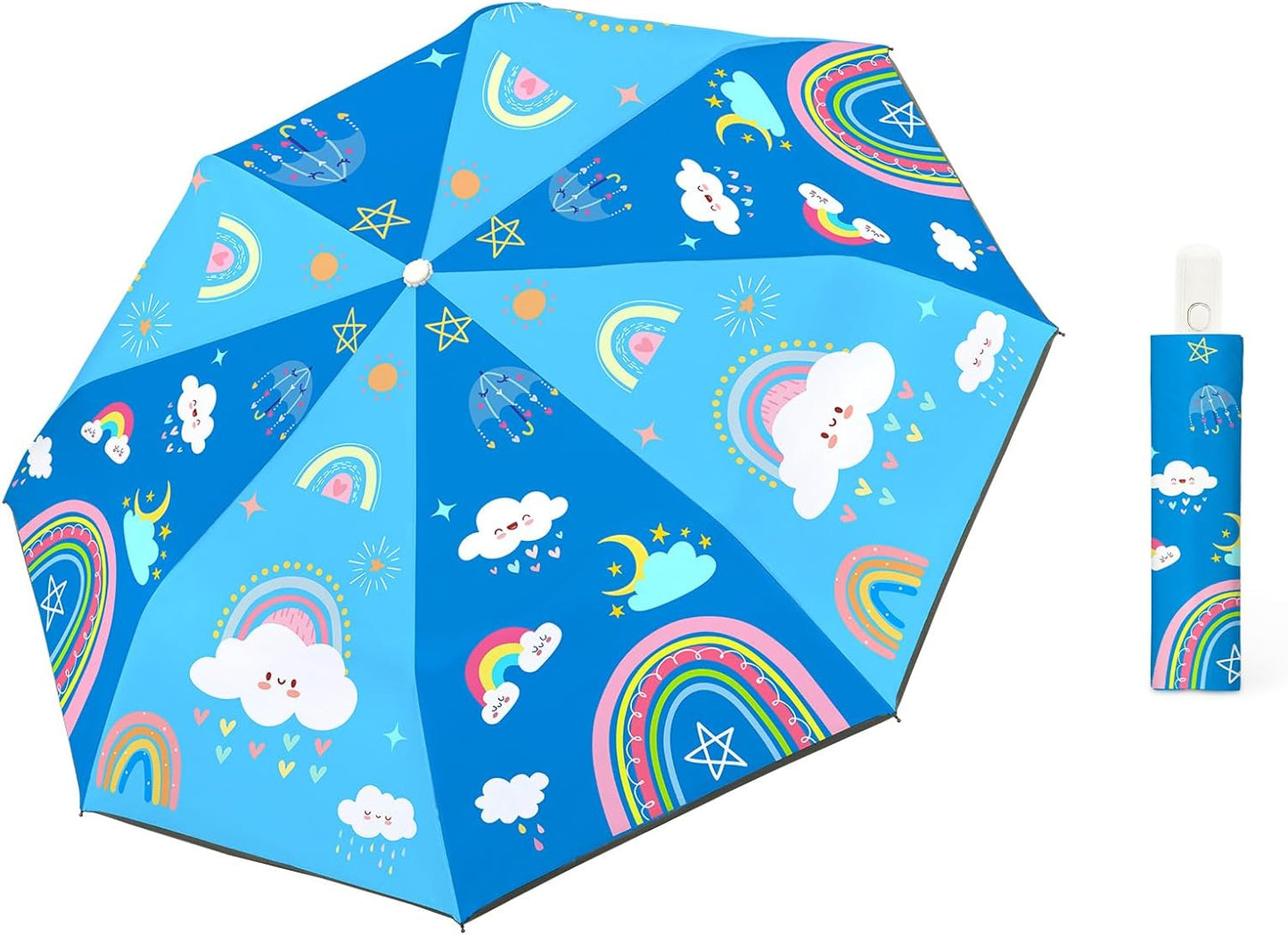 Autoamtic Kids Umbrella UV Resistant, Folding Compact Umbrella 360° Reflective Strip for Travel Outdoor, Lightweight Cute Kids Parasol Anti-rebound Safe for Toddler