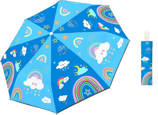 Autoamtic Kids Umbrella UV Resistant, Folding Compact Umbrella 360° Reflective Strip for Travel Outdoor, Lightweight Cute Kids Parasol Anti-rebound Safe for Toddler