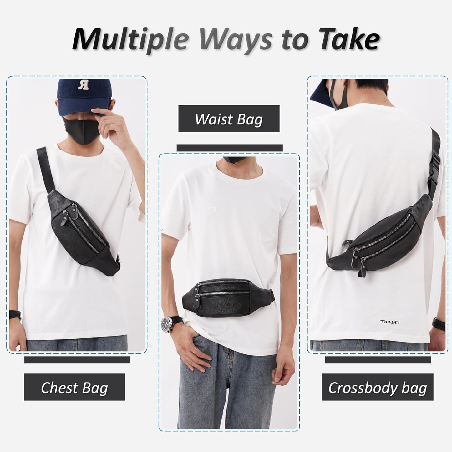 Genuine Leather Waist Bag, Outdoor Travel Waist Pack, Cowhide Leather Fanny Pack with Adjustable Strap, Suitable for Travelling, Outdoor Hiking, Cycling, Running - Black & Small