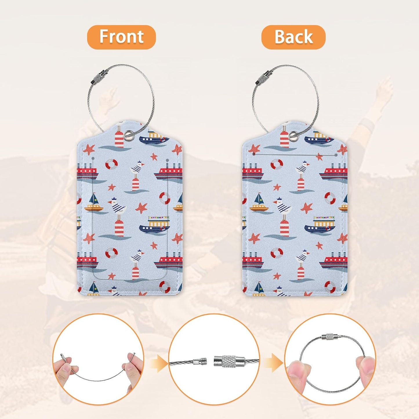 Marine Ships and Starfish Luggage Tags for Suitcase,Luggage Tag with Stainless Steel Loop Privacy Cover Id Label Travel Bag Luggage Identifiers for Women Men Travel,Set of 2