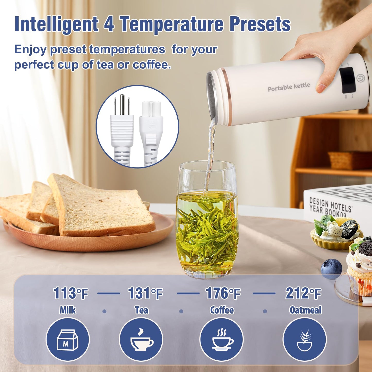 Touxila Portable Electric Kettle for Travel 120V, 13.5oz, 4 Temp Settings