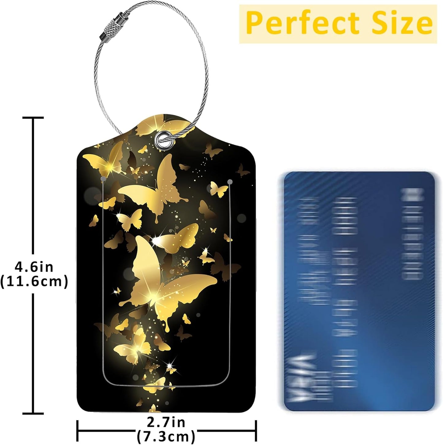 2 Pack Luggage Tags for Suitcases,Fireworks of Gold Butterflies Luggage Tag,PU Leather Id Label Luggage Tags with Stainless Steel Loop and Privacy Cover for Women Men Teens Travel