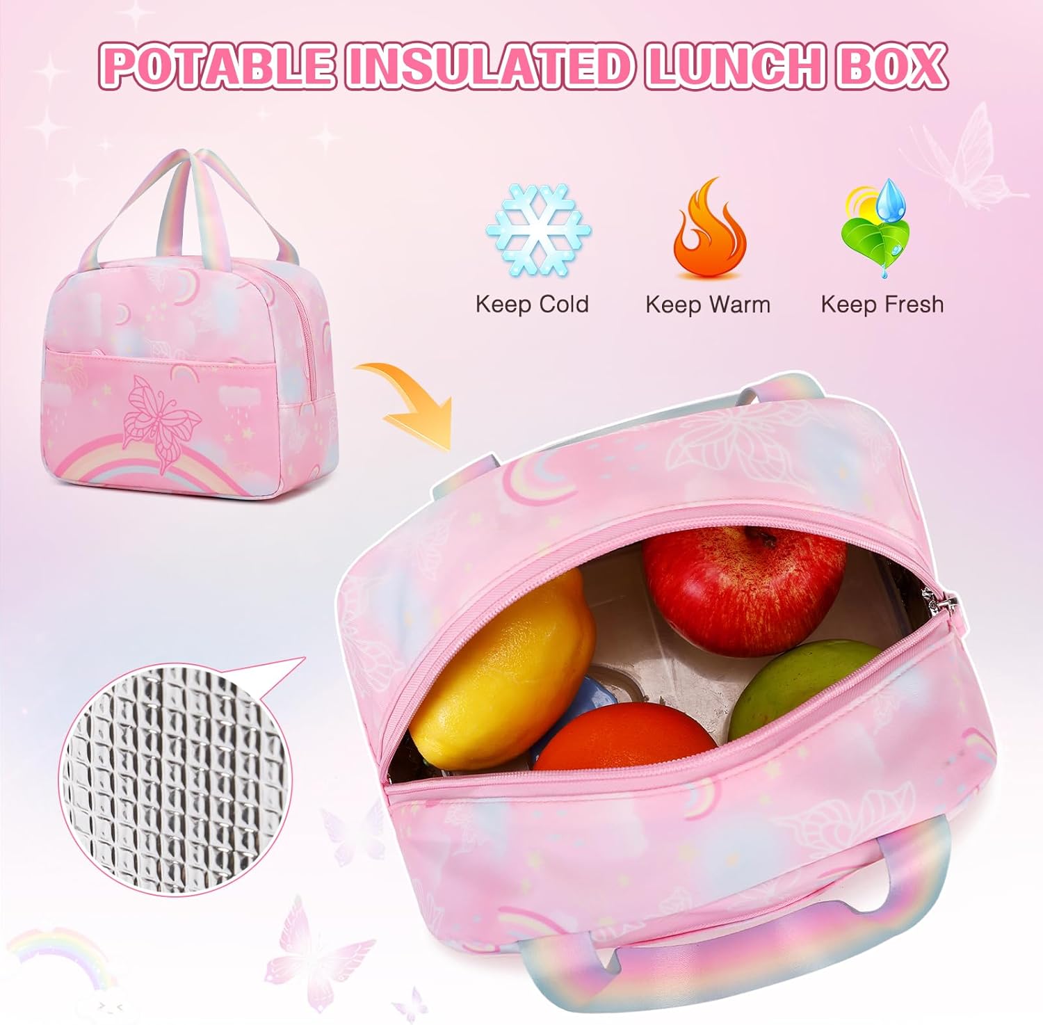 Backpack for Girls, Rainbow Butterfly Girls Backpacks with Lunch Bag Pencil Case Set, Kids Backpack
