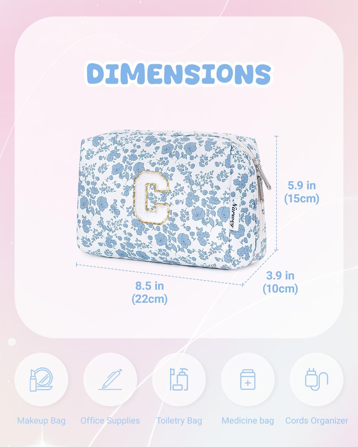 Narwey Birthday Gifts for Teen Girls Kids Women Personalized Initial Floral Makeup Bag Cute Cosmetic Trendy Stuff 6 8 10 11 12 13 14 16 18 Years Old Travel Toiletry Bag (Little Blue Flower C)