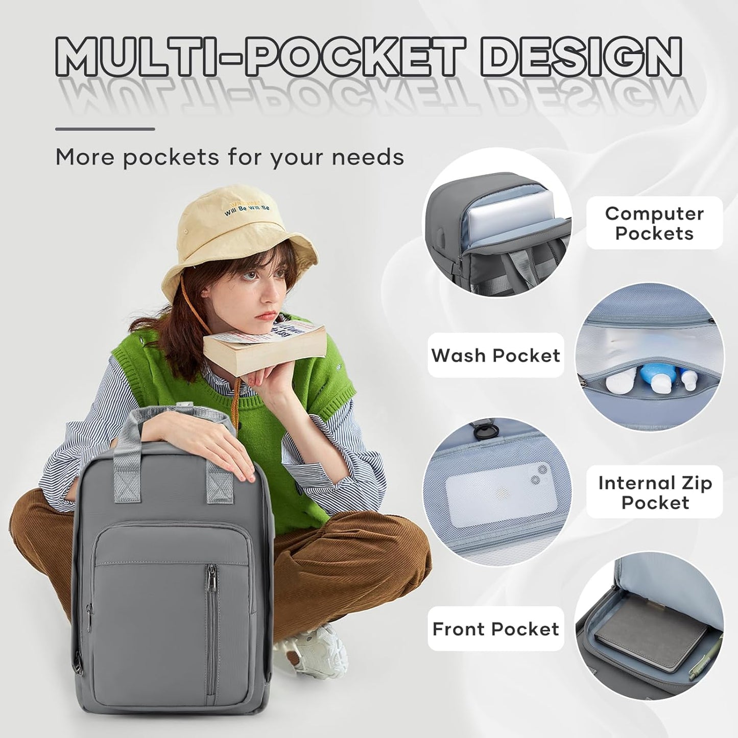 Vacuum Travel Backpack with Pump,Personal Item Carry on Backpacks Flight Approved 18x14x8 inches Women,Laptop Waterproof Work Compression bags hiking Casual Daypack Grey