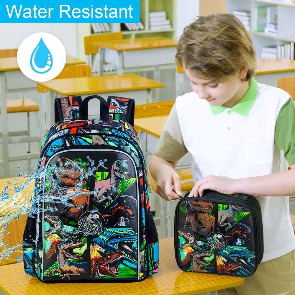 CCJPX 3PCS Dinosaur Backpack for Boys, 16 Inch Water Resistant Preschool Bookbags, Cool Kindergarten School Backpacks and Lunch Box