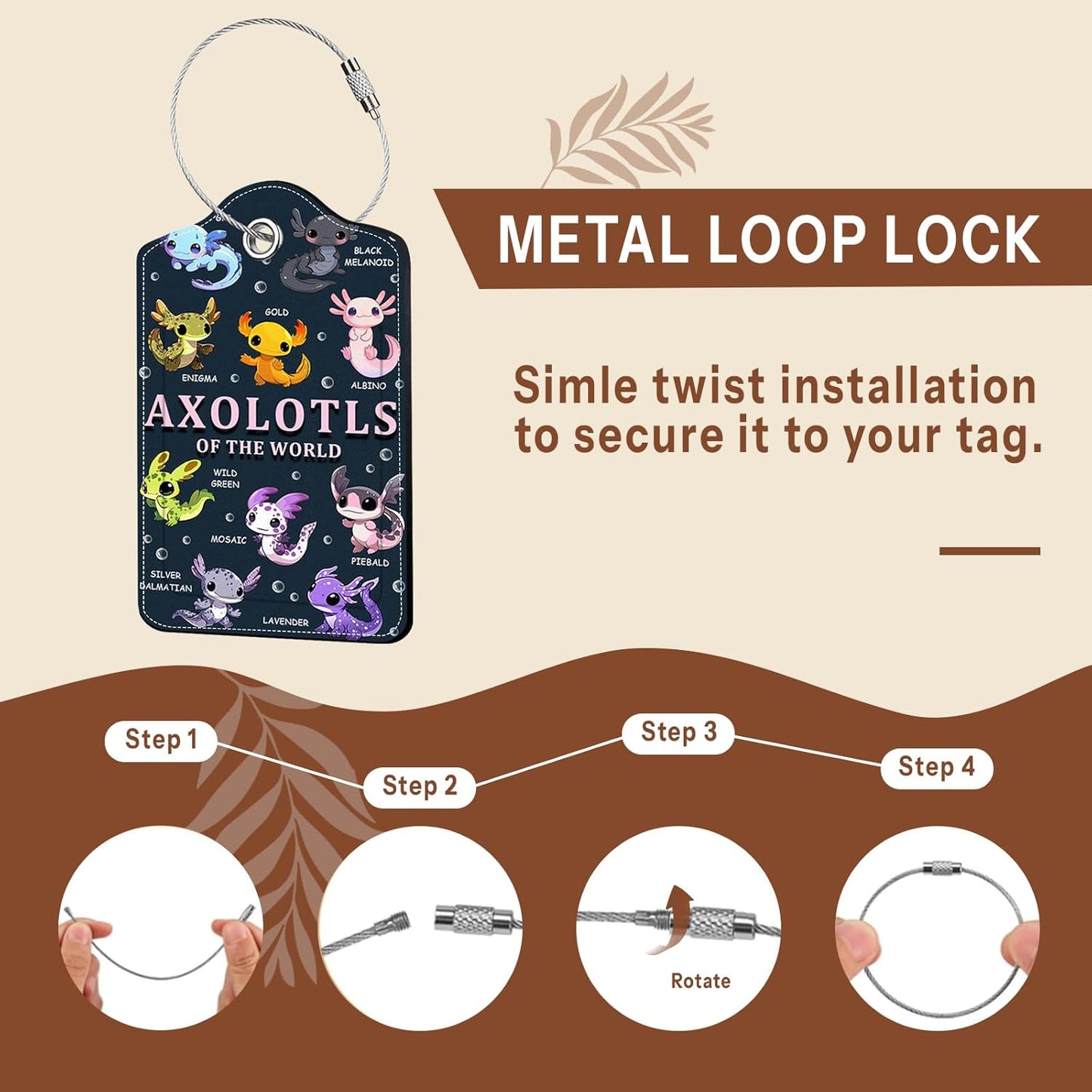 2 Pcs Axolotl Luggage Tags for Suitcase, Leather Luggage Tags Cute, Privacy Cover ID Label with Stainless Steel Loop & Address Card, Axolotl Travel Bag Tag Luggage Accessories for Suitcases