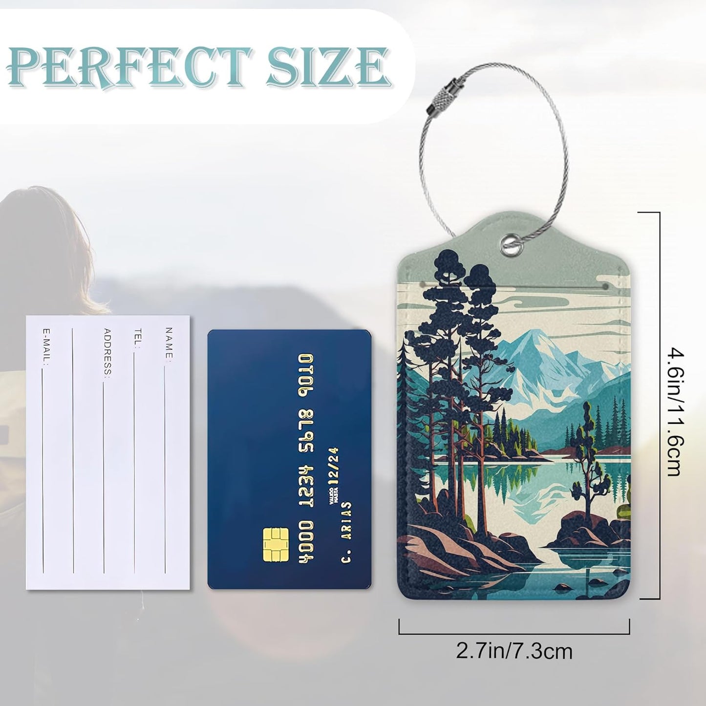 Luggage Tags for Suitcase,2 Pack Mountain Lake Forest Luggage Tag PU Leather Privacy Cover ID Label with Stainless Steel Loop for Women Men Teens Travel