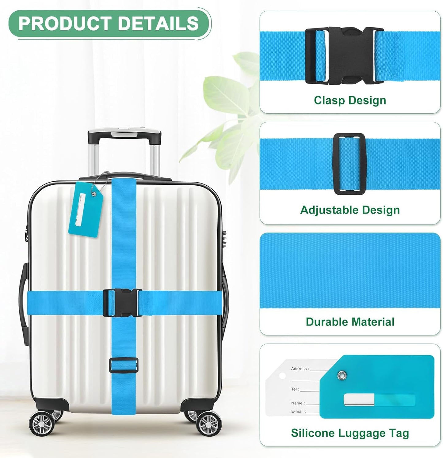 2-Sets Luggage Straps TSA Approved, Travel Straps for Luggage Suitcase Tags Set, Adjustable Suitcase Belt [Sky Blue]