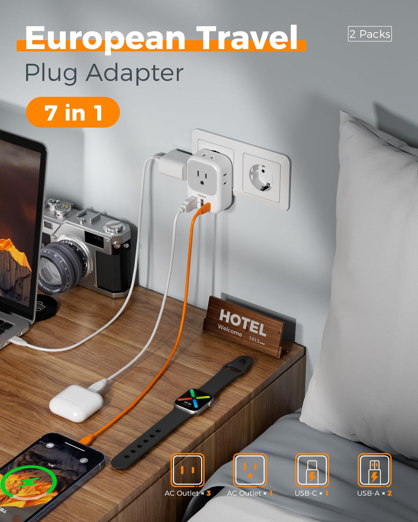 TESSAN European Travel Plug Adapter 3 Pack, US to Europe Plug Adapter