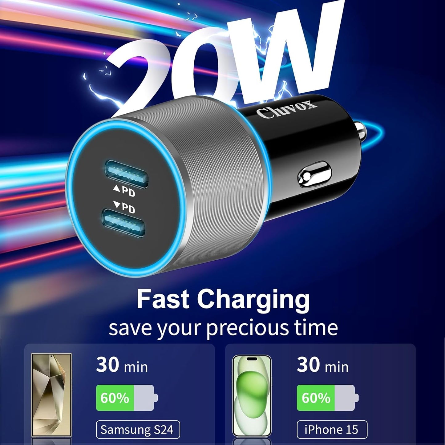 2 Pack 40W Fast USB C Car Charger Adapter for iPhone 17/16/15 Pro Max/Plus/Samsung Galaxy S25/S24 Ultra/S23 Car Phone Charger, Dual 20W PD Port Cigarette Lighter Adapter with 3.3FT Type C Cable