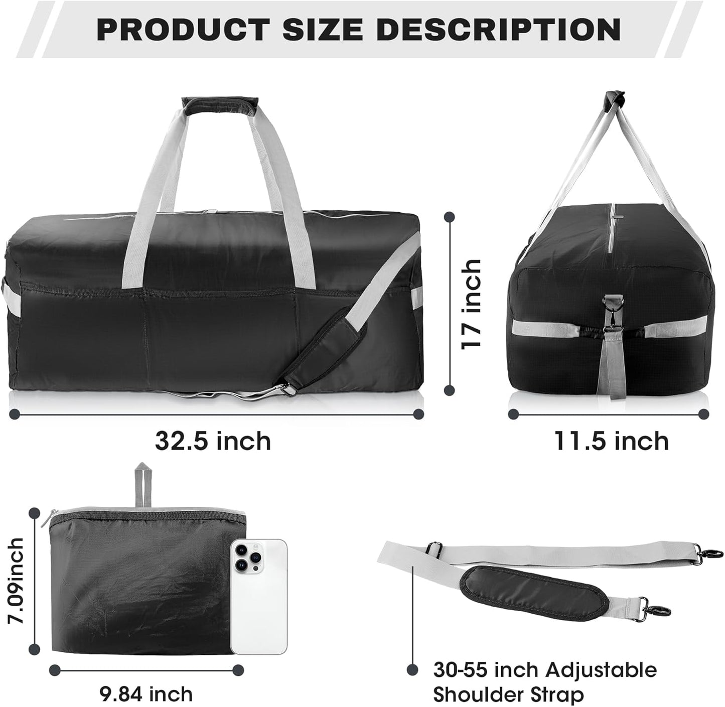 125L Foldable Duffel Bag,With shoulder strapLightweight and Waterproof for Travel - Black