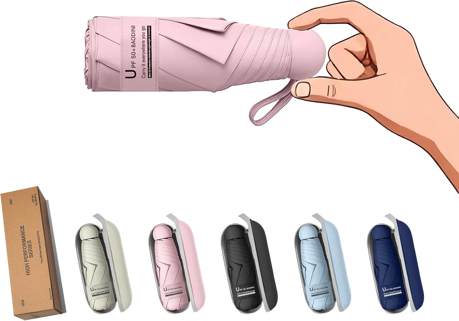 BAODINI Travel Mini Umbrella for Purse With Case Small Compact UV Sun Protection Sun Lightweight
