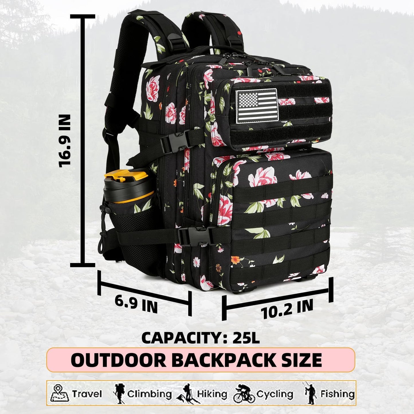 25L Tactical Military Backpack Small Travel Rucksack for Men and Women Assault Pack Bug Out Bag Molle Daypack Gym Backpack with Bottle Holder (Peony)
