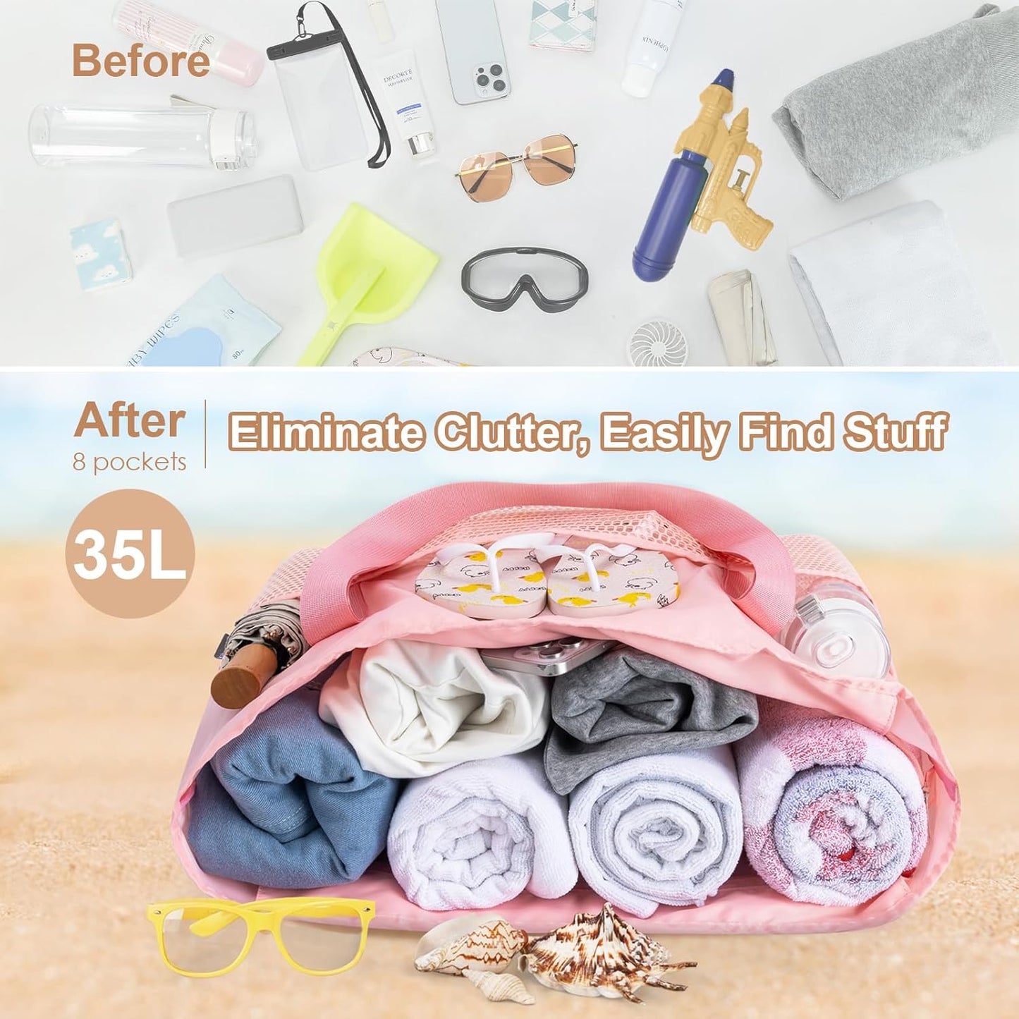KABAQOO Large Beach Bag Waterproof Sandproof Tote Bag for Women with Zipper & Mesh Pockets for Pool