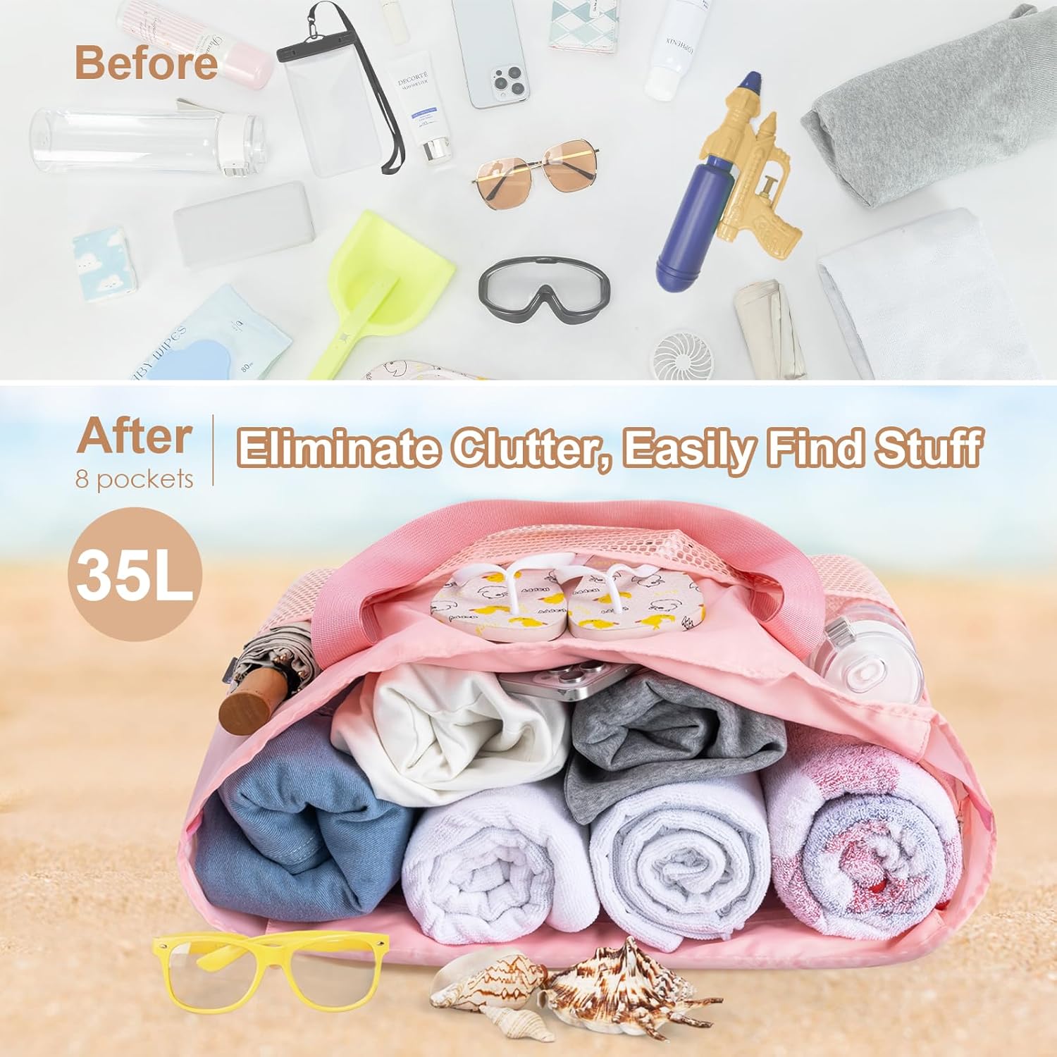 KABAQOO Large Beach Bag Waterproof Sandproof Tote Bag for Women with Zipper & Mesh Pockets for Pool