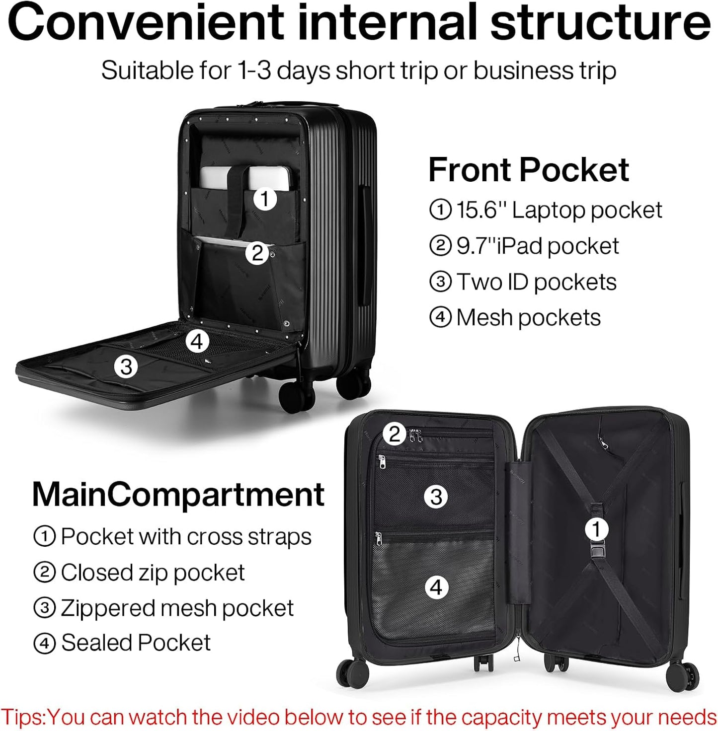 Hanke 20 Inch Carry On Luggage Airline Approved Hard Shell Suitcases with Wheels & Front Pocket Travel Luggage Lightweight Carry On Suitcase for Travel Rolling Luggage(Black)