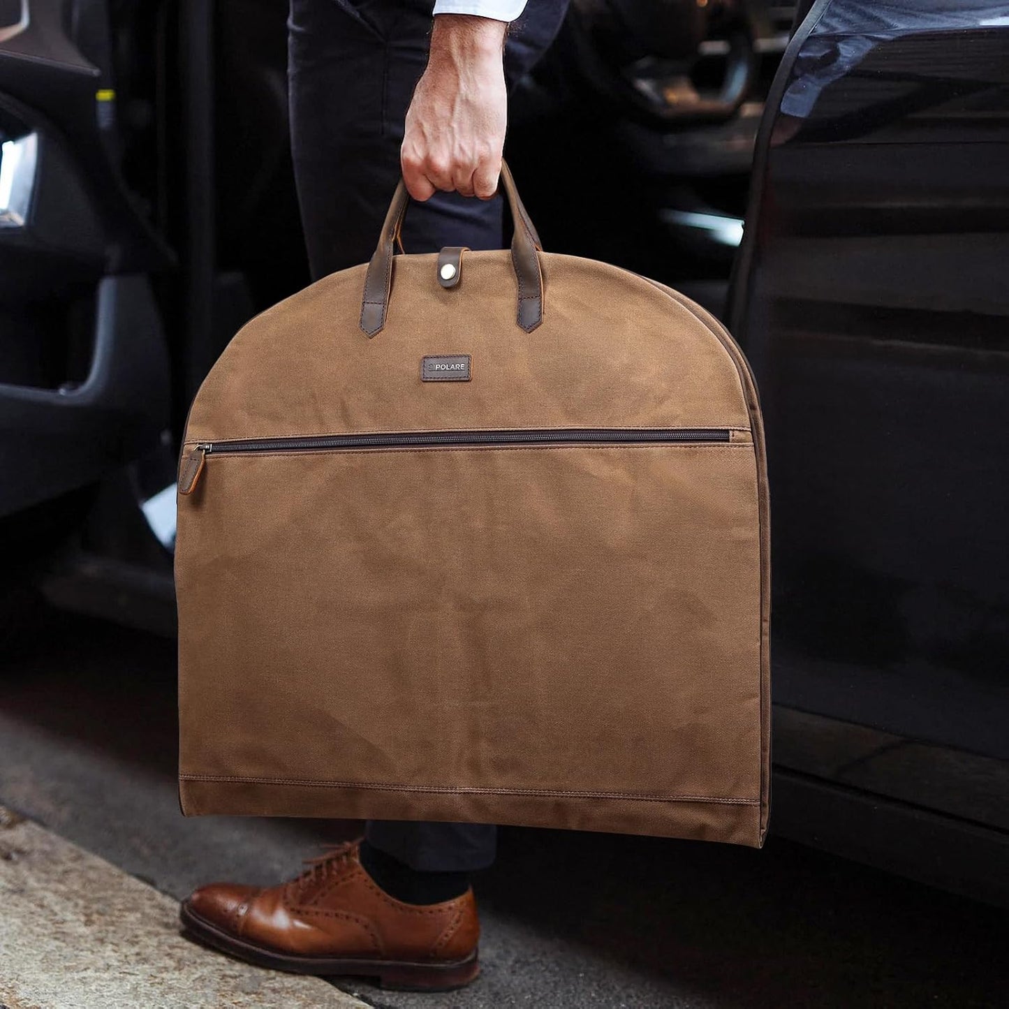 Polare 43” Waxed Canvas Full Grain Leather Trim Carry On Garment Bag for Travel, Waterproof Dust-Proof Foldable Hanging Suitcase Weekender Garment Cover with YKK Zipper