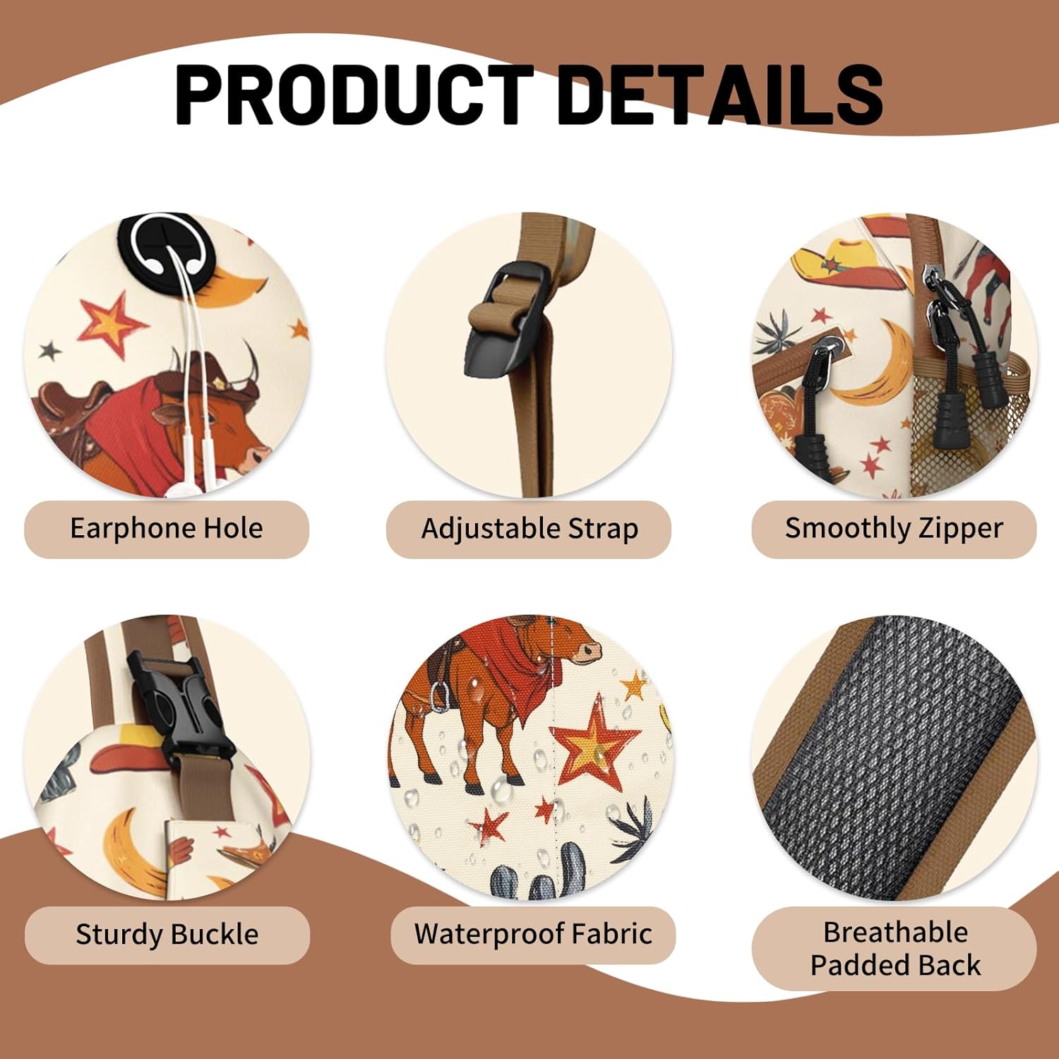 Brown Western Sling Bag Crossbody Chest Bag for Women Men, Water Resistant Lightweight Casual
