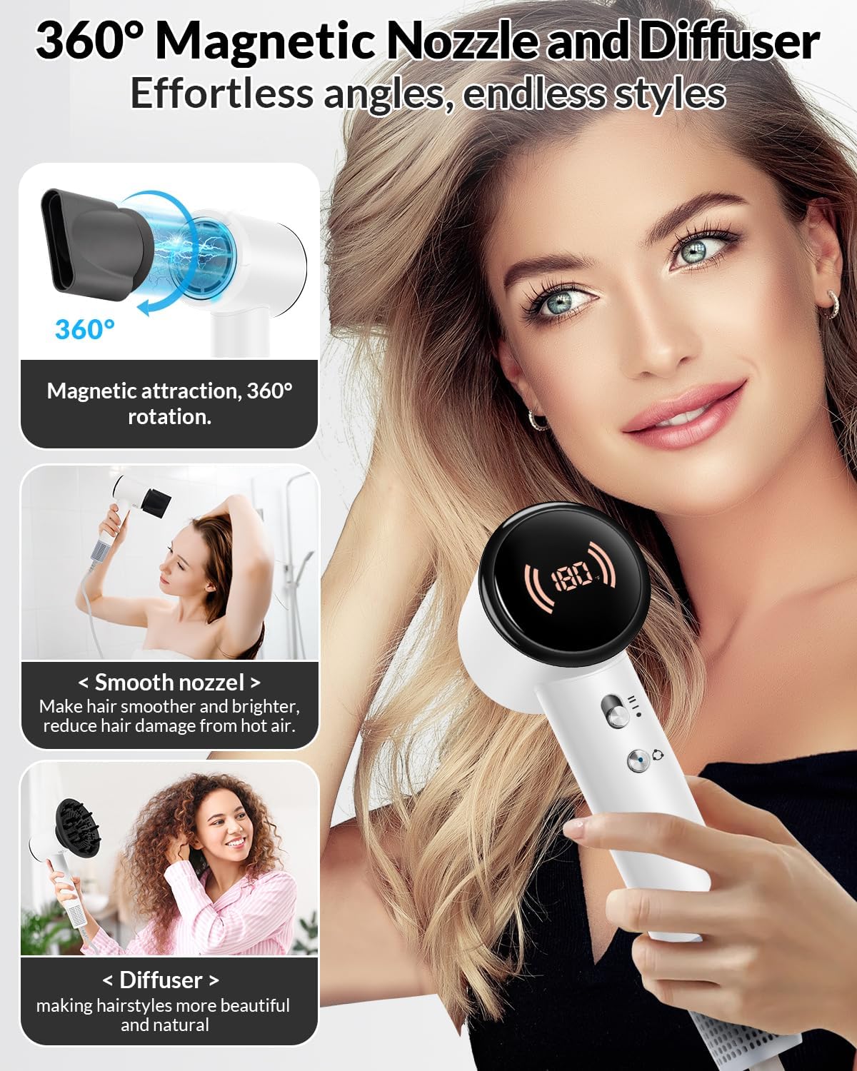 Hair Dryer,Travel Hair Dryer with Diffuser,110000 RPM High Speed Ionic Blow Dryer,Temperature Display,Low Noise&Lightweight Blow Dryer,Fast-Drying,No Heat Damage,Suitable for All Hairstyles(White)