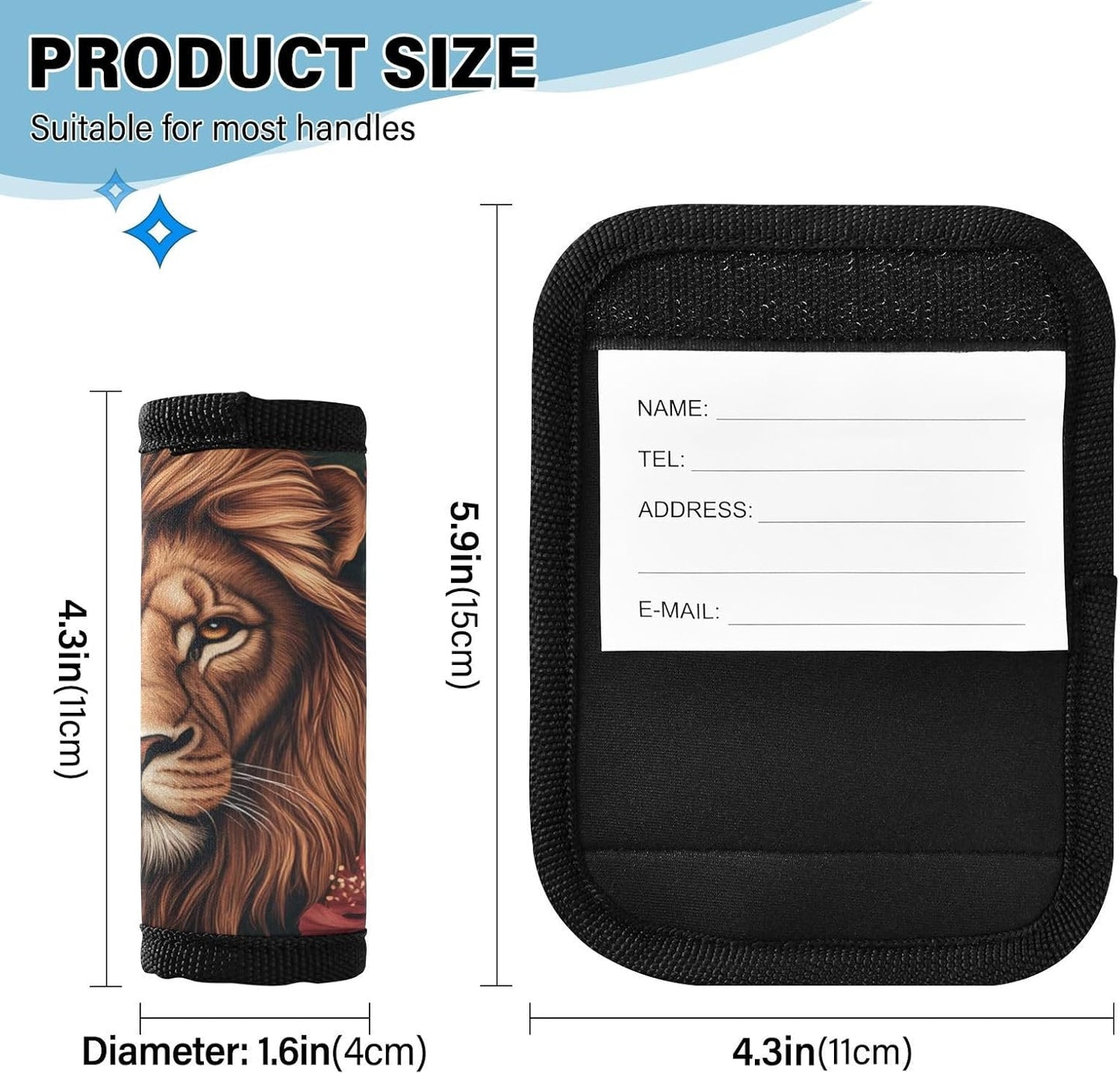 Lion Head Palm Leaves and Flowers 2 Pack Luggage Handle Wraps Covers for Suitcase Identifiers Bag Tags Travel Accessories