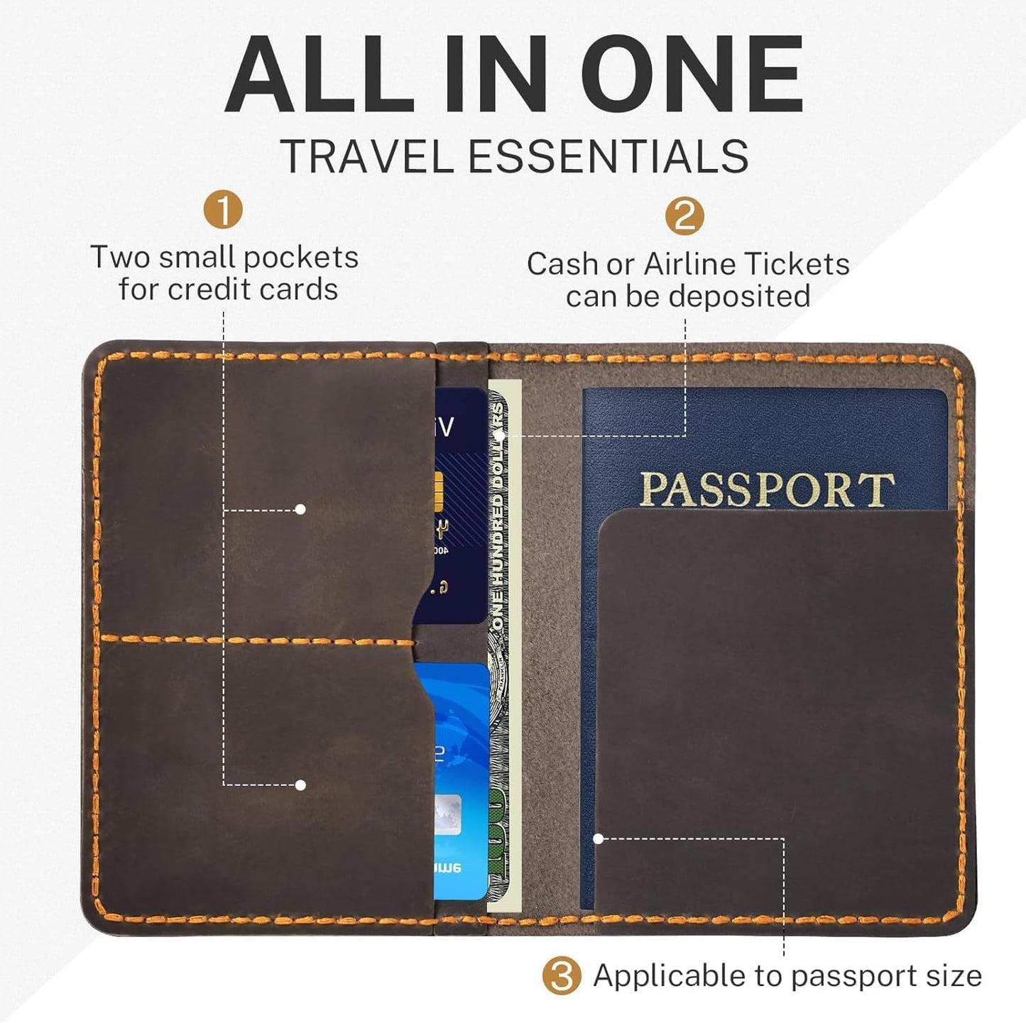 Genuine Leather Passport Holder for Travel,RFID Blocking Passport Cover, Men Passport Wallet, Folding Passport Clip with One Pocket, Two Card Slots, And One Passport Pocket(Coffee Brown)