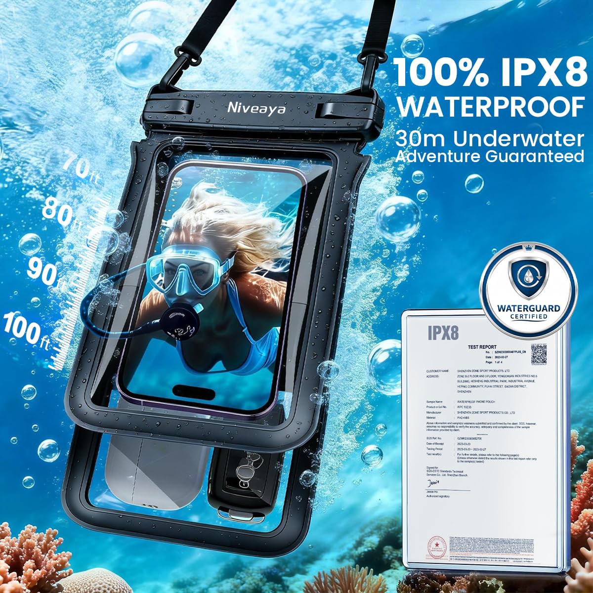 Niveaya IPX8 Double Space Waterproof Phone Pouch (up to 8.3") -2 Pack Waterproof Phone Case with