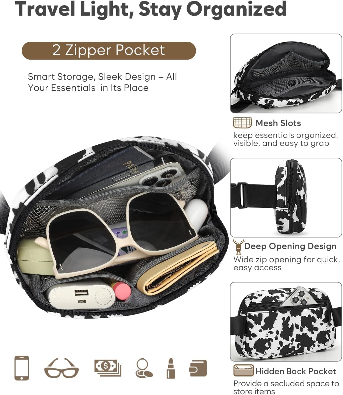 Fanny Packs for Women Cross Body Bag Waterproof Belt Bag with Adjustable Strap and Zipper Back Pocket Small Crossbody Bags Fashion Waist Packs for Workout Travelling(Cow Print)
