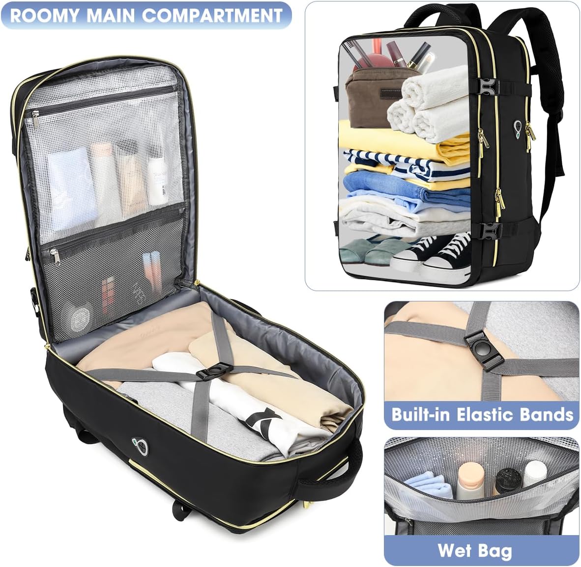 Large Carry On Travel Backpack - Flight Approved Waterproof Anti-Theft Luggage Daypack for Women Men Fit 17 Inch Laptop Business Weekender Overnight Backpack College Bag Personal Item Size Black