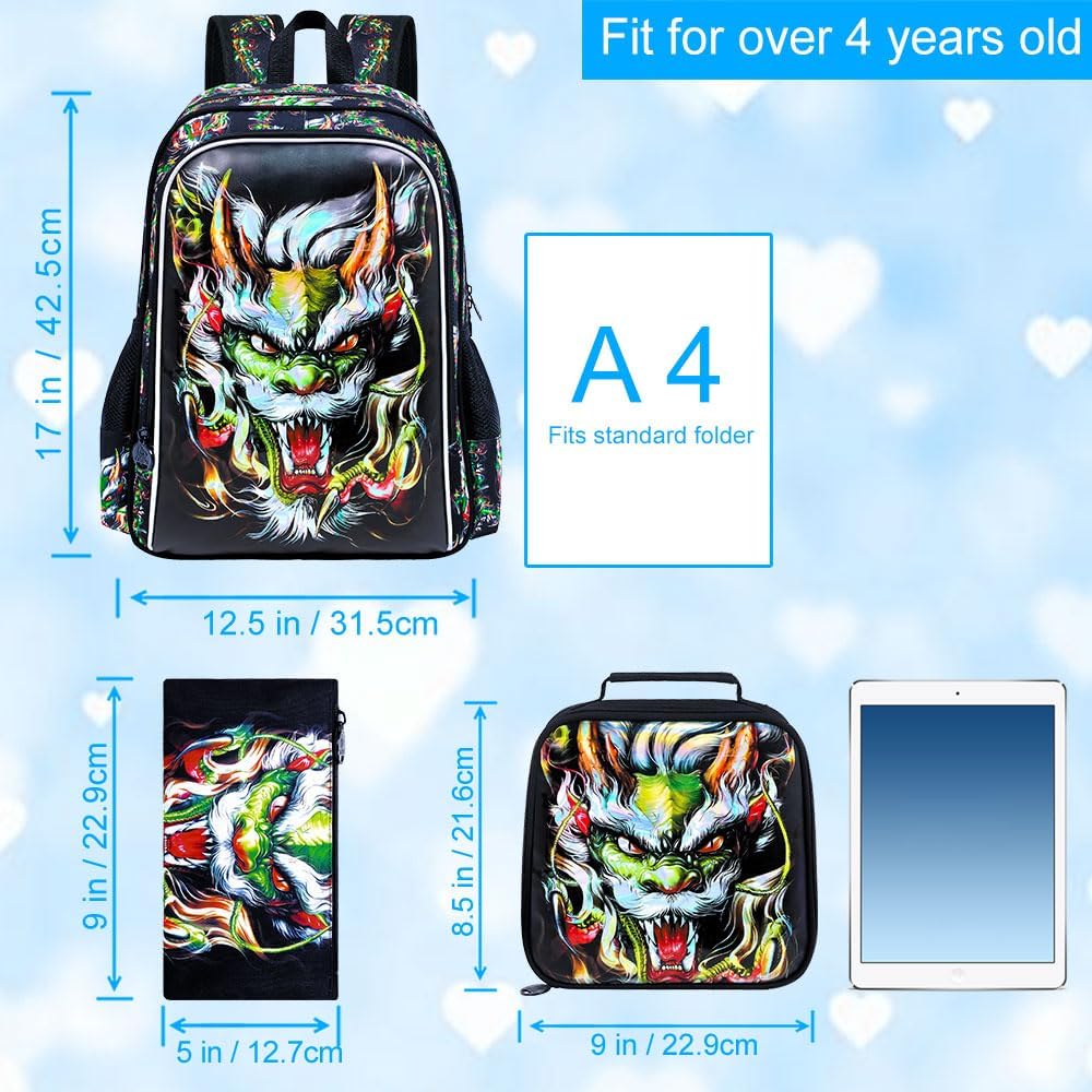 UFNDC 3PCS Kids Dragon Backpack, Boys School Bag with Lunch Box, 17" Water Resistant Bookbag for Teenagers Elementary Middle