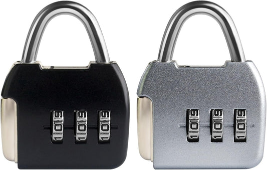 Small Combination Luggage Locks, 3 Digit Combination Padlock, Travel Lock with Code, Small Combo Lock for Locker, Suitcase, Zipper, Tool Box, Backpack, Bag (Black+Silver, 2-Pack)