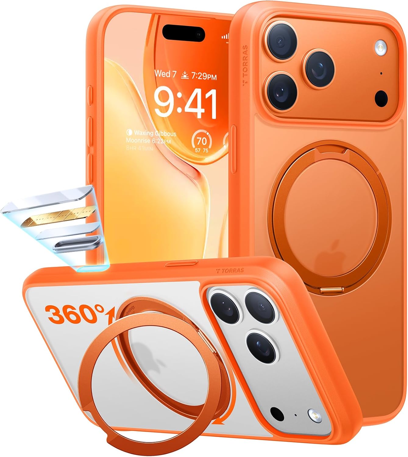 TORRAS Upgraded 360 Magnetic Stand for iPhone 17 Pro Max Case with Camera Control, Fit for MagSafe with Ring, Mil-Grade Protection, Translucent Slim for iPhone 17 ProMax Case Ostand, Cosmic Orange