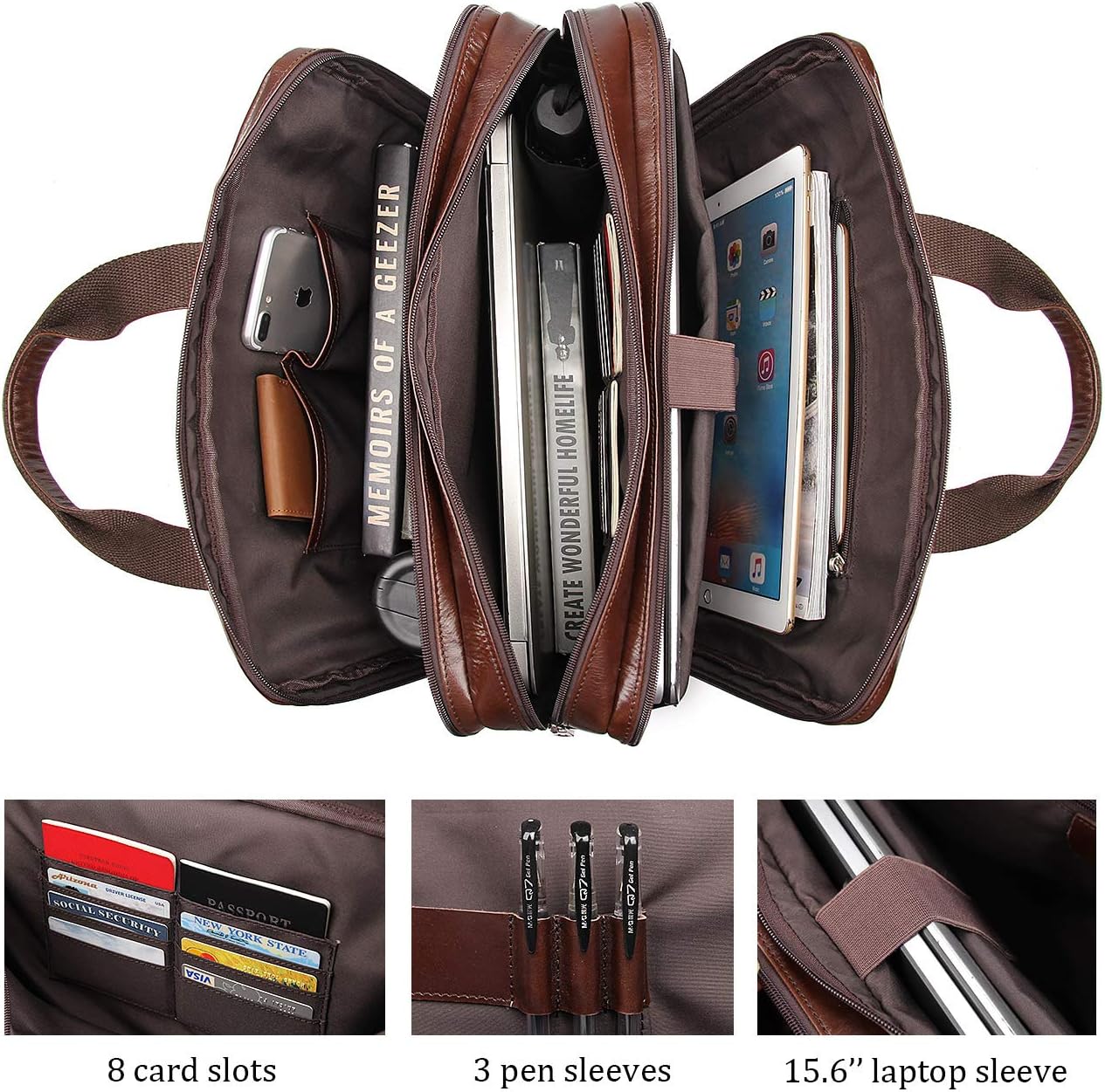 Augus Genuine Leather Mens Briefcase businessTravel Bags 15.6 Inch Laptop Bag YKK Zipper, Coffee
