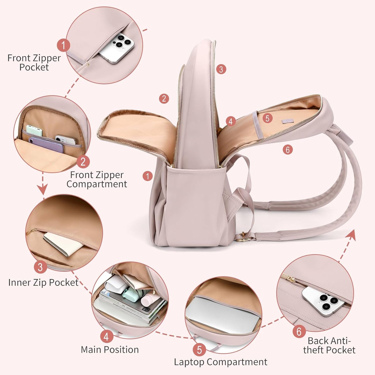 GOLF SUPAGS Stylish Laptop Backpack for Women Computer Bag Fits 14 Inch Notebook Travel College Work Backpacks Purse (Pink)