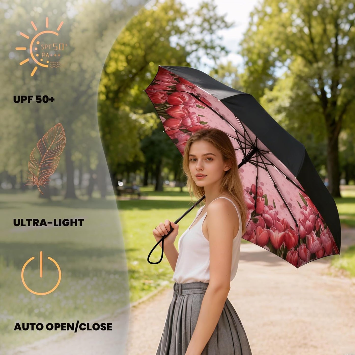 SIEPASA Compact Travel Umbrella - Windproof Auto Open/Close, Lightweight Folding Umbrella wIth Fiberglass Frame & Waterproof Canopy. Fits Backpack/Purse. (Tulip)