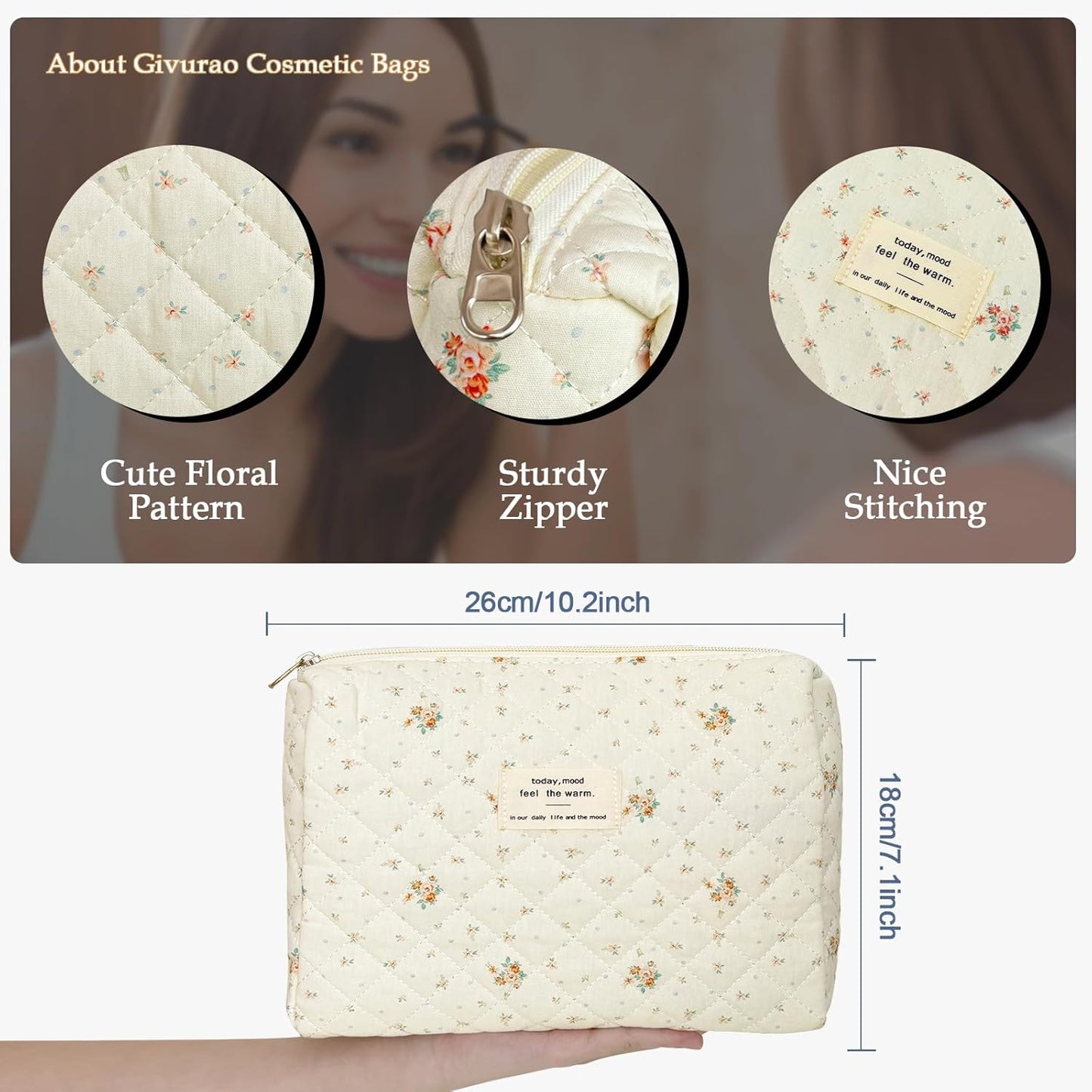 Quilted Makeup Bag, Cute Floral Makeup Bag Portable Cotton Cosmetic Tote Bags for Women Ladies Medium Girls Purse Pouch Toiletry Bag