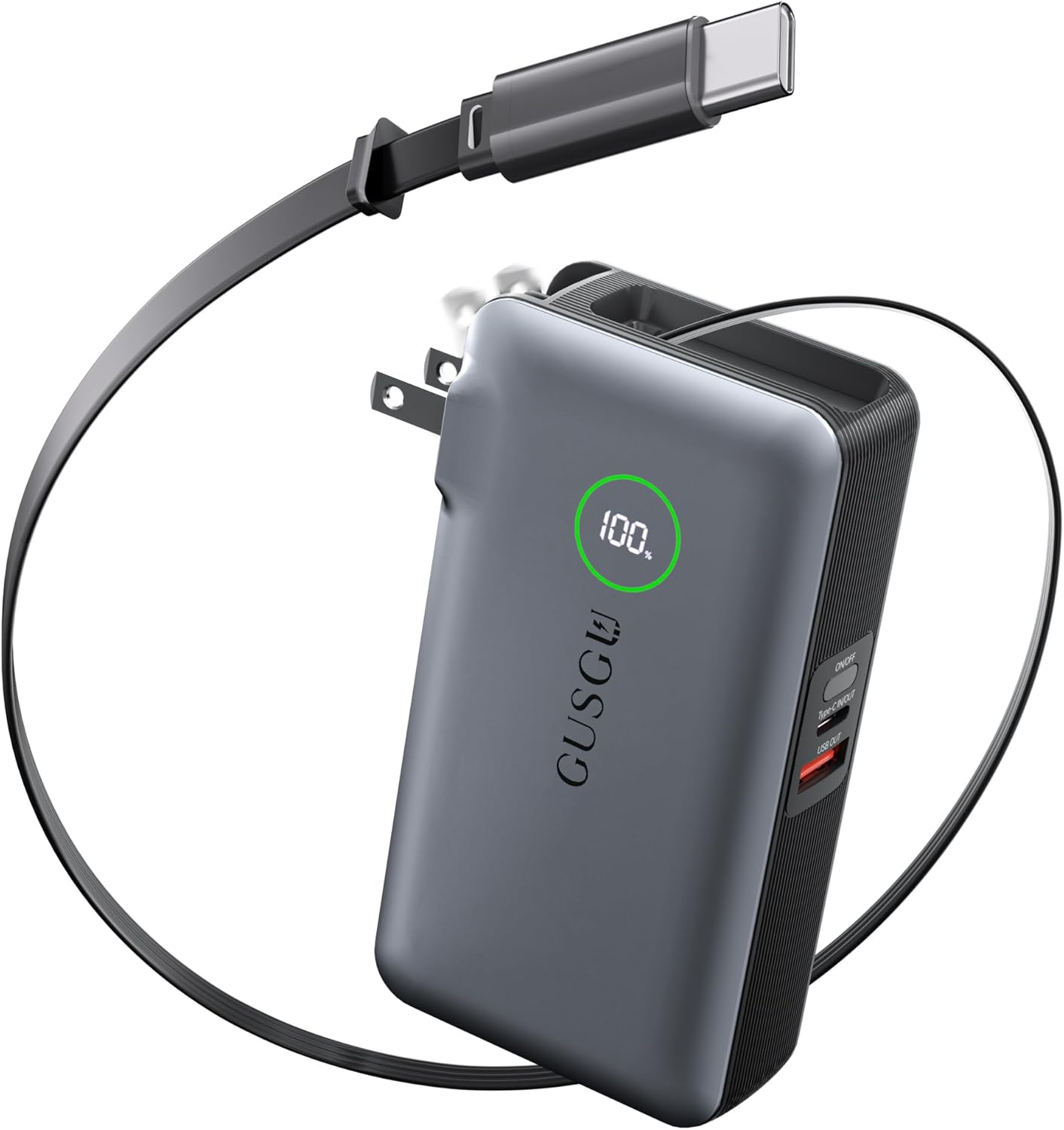 GUSGU X3 10,000mAh Power Bank with Foldable Plug, Retractable USB C Cable &Type-C/USB-A Ports, 35W PD Max Fast Charger for MacBook Air/Pro, iPad, iPhone 17/16/15, Galaxy S24/S23 and More