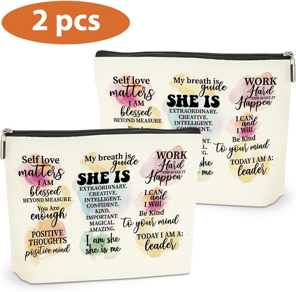 2PCS Positive Affirmations Makeup Bag Mental Health Motivational Inspirational Gifts for Female Sister Coworker Birthday Friendship Mothers Day Nurse Day Travel Toiletry Cosmetic Bag