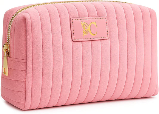 Monogrammed Make Up Bags for Women,Personalized Cosmetic Bags Women,Small Quilted Makeup Pouch,Cute Makeup Bag Travel,Birthday Gifts for Teen Girl (Pink C)