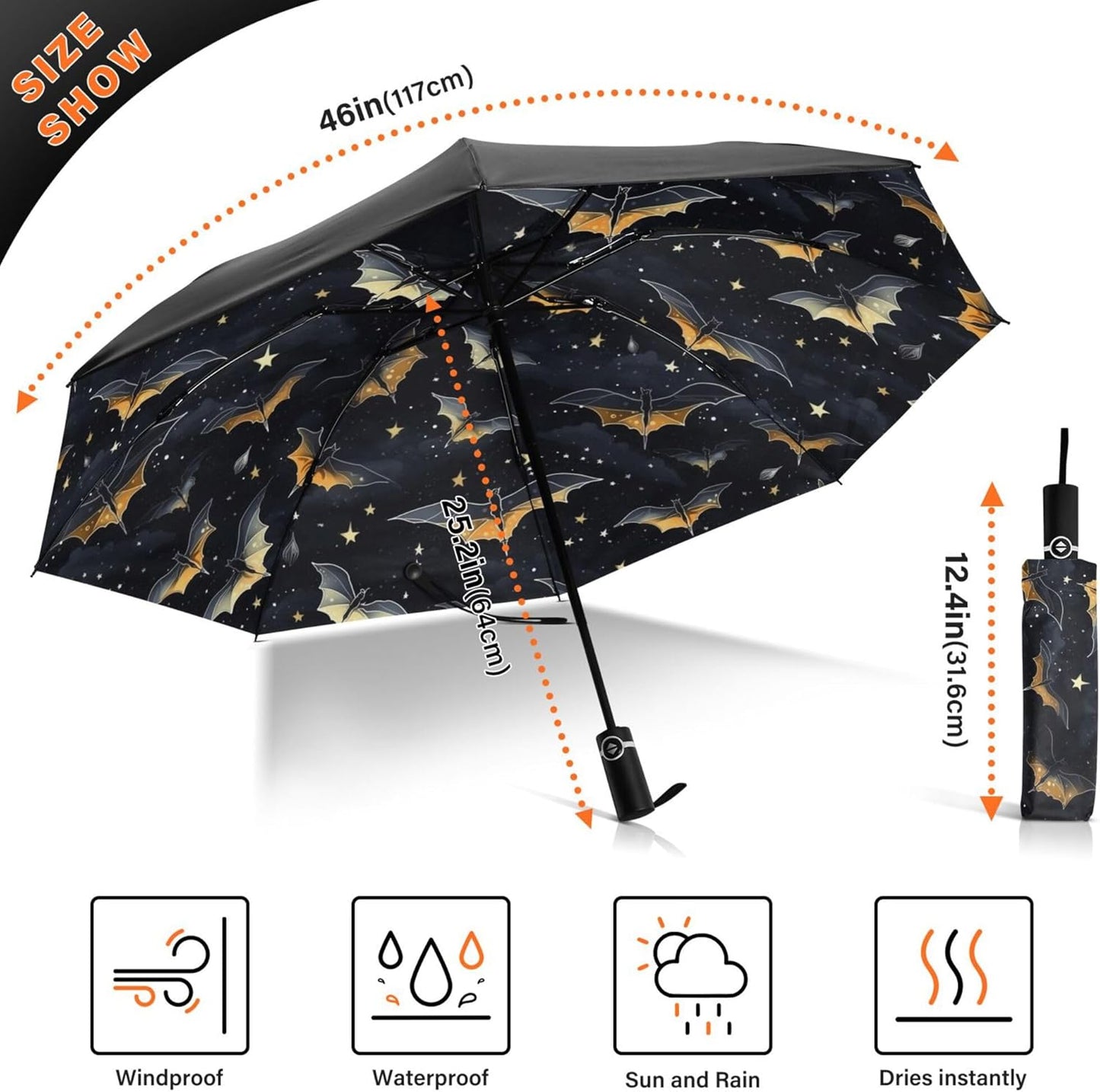 Automatic Folding Umbrella Windproof Strong, UV Protection Compact Black Gothic Moon Spider Webs and Bats Sun Rain Sun Rain Travel Umbrellas for Women Men