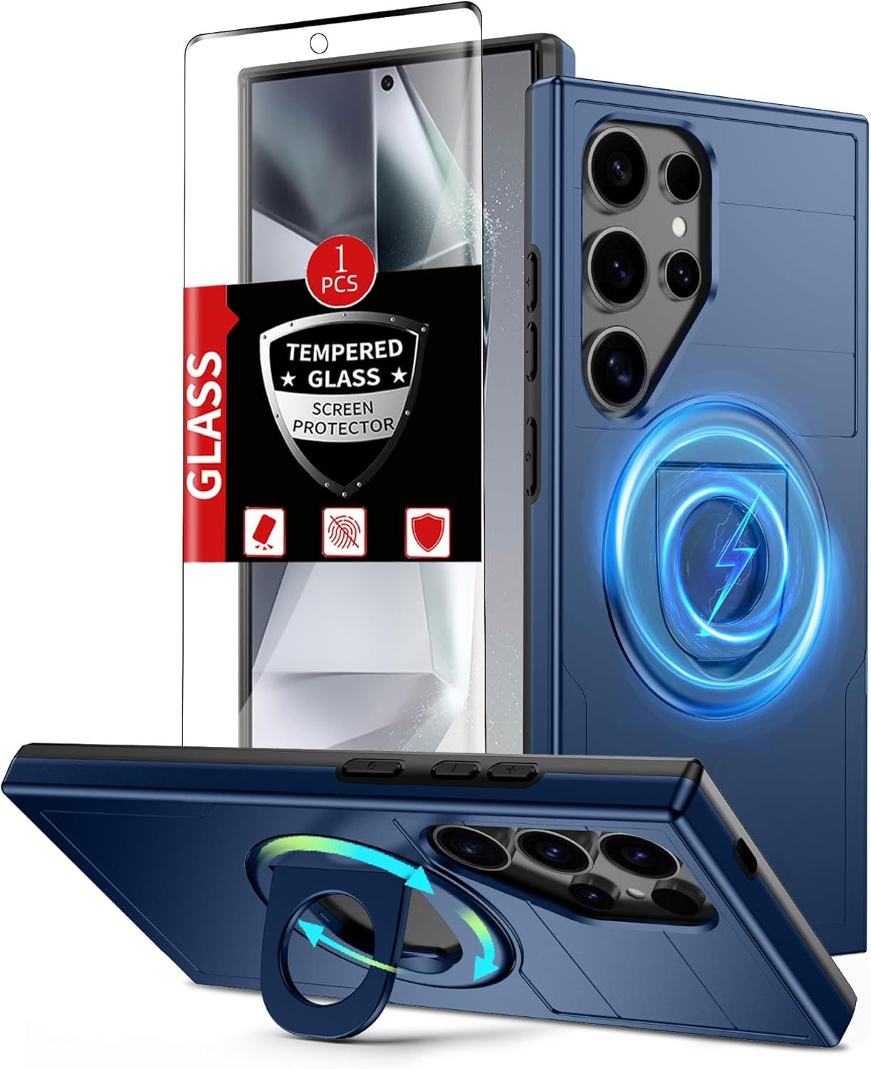 for Samsung Galaxy S24 Ultra Case Magnetic Compatible with MagSafe Wireless Charging,with 1 Screen Protector,Built-in 360° Kickstand Ring Anti-Scratch Shockproof Heavy Duty Protection Blue