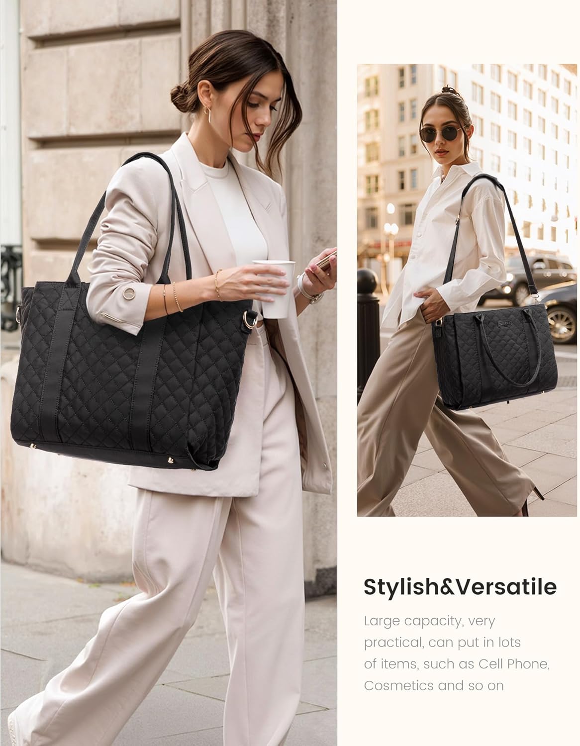 LOVEVOOK Laptop Bag for Women，Work Bag Teacher Tote Bag With Large Cup Holder, Quilted Crossbody bag with Zipper for Travel