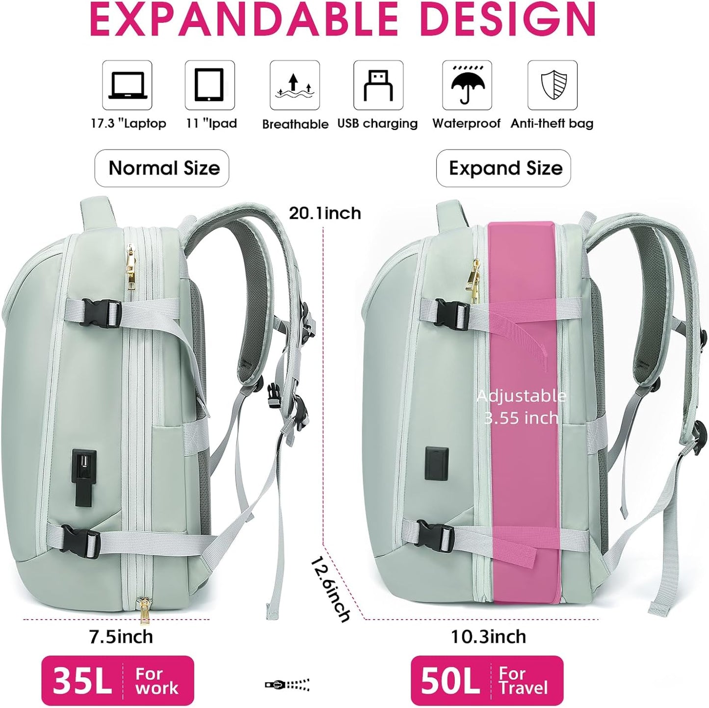 Travel Backpack for Women, 50L Extra Large Capacity Backpack with USB Charging Port, Expandable 17.3 inch Laptop Backpack Mochila Flight Approved, Casual Daypack for Weekender,Green