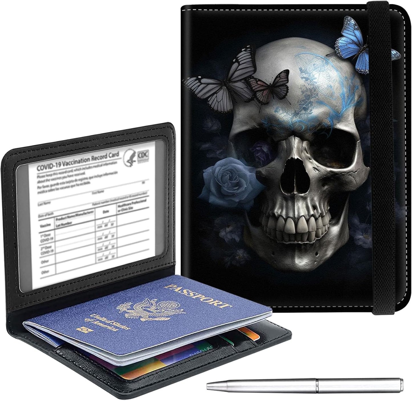 Passport Holder Cover Wallet Travel Essentials RFID Blocking Case Leather Passport Cover Wallet Vaccine Card Slot Organizer for Men Women, Skull Butterfly