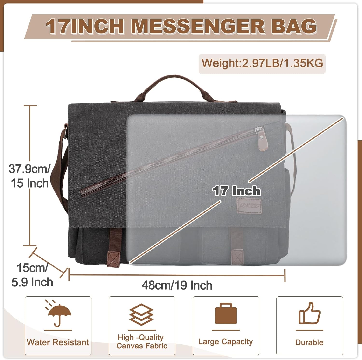 Messenger Bag for Men,Water Resistant Canvas Satchel 14 15.6 17 Inch Laptop Briefcases Business